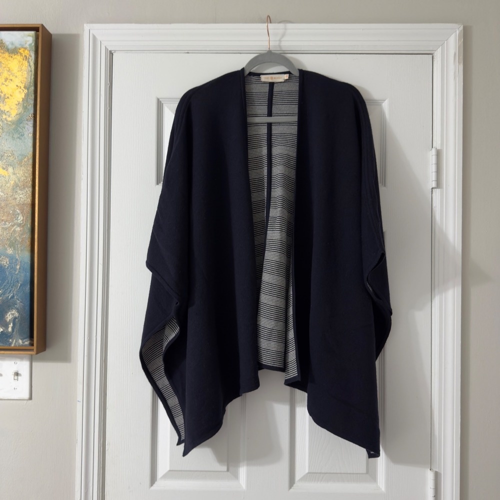 Tory Burch Reversible Merino Wool Cape Poncho XS/S Navy Stripe